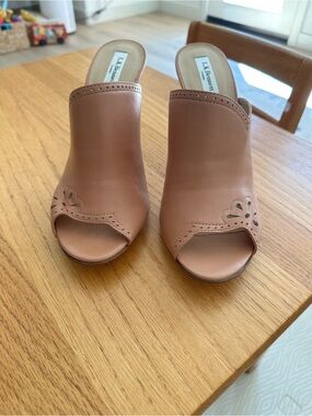 LK Bennett Cognac Leather Open-Toe Mule with Perforated Detail